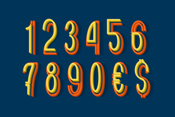 Volumetric orange yellow split-level numbers and currency signs. 3d display font.