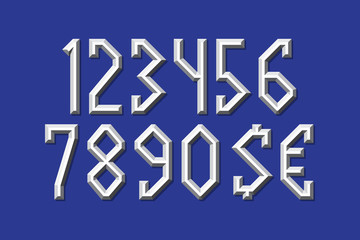 Volumetric metallic numbers and currency signs. Prismatic 3d display font.