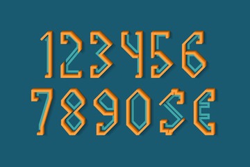 Frame-shaped orange blue numbers and currency signs of flat and volumetric parts. 3d display font.