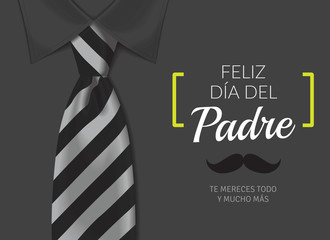 Tarjeta del día del padre con texto caligráfico, corbata en blancos y negros y camisa negra.