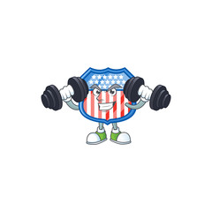 Shield badges USA mascot icon on fitness exercise trying barbells