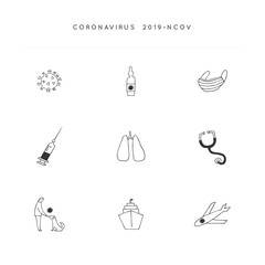 Vector hand drawn icon set. Dangerous chinese disease. Wuhan coronavirus 2019-nCoV.