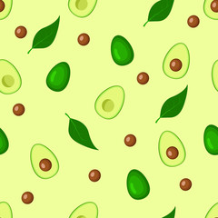 vector avocado seamless pattern on yellow background, half avocado with seed, no seed, avocado core. for packaging, for cover, for fabric. background