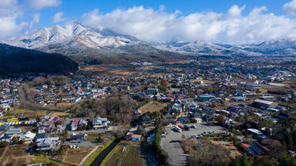 Aerial view of scenic Japanese village Oshino Hakkai near Mount Fuji in late Autumn - landscape panorama of Japan from above, Asia