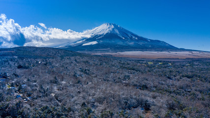 Aerial view of Mount Fuji in winter, iconic snow-capped symbol of Japan at sunrise, snow covered scenery with freezing fog on trees, clear blue sky - landscape panorama of Japan from above, Asia