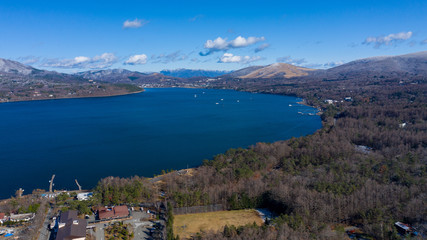 Aerial view of lake Yamanaka near Mount Fuji in late Autumn - landscape panorama of Japan from above, Asia