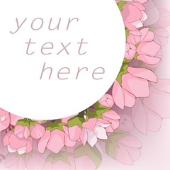 Round white frame for text with flowers of cherry and Apple trees.