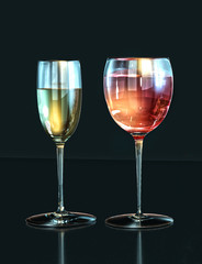 3d illustration white wine, red wine glasses on dark backgroun
