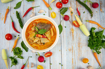 Bamboo shoot curry or ingredient thailandfood on wood background 