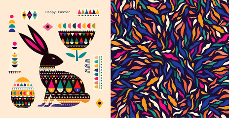 Colorful illustration with hare and easter eggs. Happy easter greeting card with decorative easter bunny	