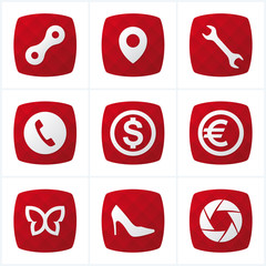 Vector abstract red round icon set: bike, tourist, service, phone, dollar, euro, butterfly, fashion, photography. Isolated on white background