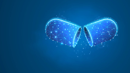 Opened medical capsule. Antibiotic or probiotic pill, illness treatment or prophylactic. Low poly, wireframe 3d vector illustration. Abstract, polygonal image on blue neon background
