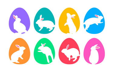 Set of white bunny silhouettes on colorful oval. Easter day design concept. Illustration for greeting card, banner or poster.