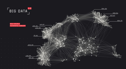 Big data visualization. Cluster computing network. Social media connections. System of connected nodes.