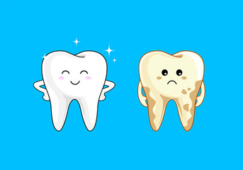 Cute cartoon tooth character, Bright and dirty tooth comparision. Dental care concept. Vector illustration isolated on blue background.