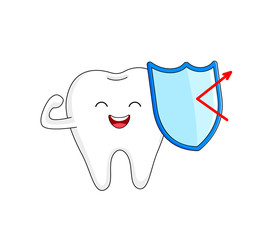 Healthy tooth character with shield. Anti-caries protection, Character design, dental care concept. Vector illustration isolated on white background.