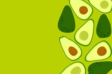 Avocado background. Healthy diet template to place text. Whole fruit and half cut avocado. Simple cartoon flat design. Vector