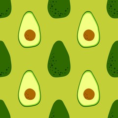 Food pattern with whole avocado and half fruit on green background. Seamless wallpaper. Healthy eating design. Vector