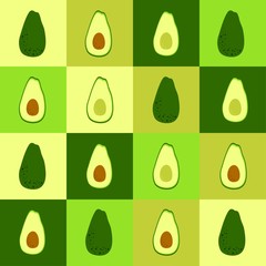 Cute avocado poster made of seamless pattern with whole avocado and half cut fruit. Trendy wallpaper and fashion print. Cartoon flat design. Vector