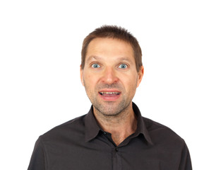 Obraz premium Scared man portrait isolated on white. Fear emotion concept