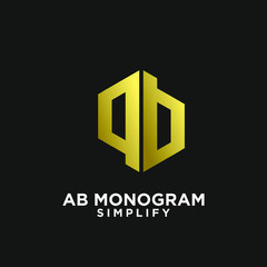 gold ab, ba, a b initial monogram hexagon letter black logo design with black background