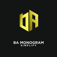 gold ab, ba, a b initial monogram hexagon letter black logo design with black background