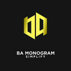 gold ab, ba, a b initial monogram hexagon letter black logo design with black background