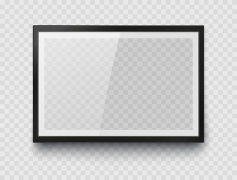 Frame mockup template isolated on transparent wall background. Realistic blank horizontal picture or photograph border. Vector glass black photoframe for interior artwork design..