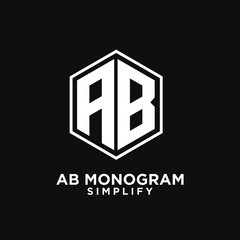 ab, ba, a b initial monogram hexagon letter white logo design with black background