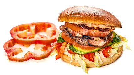 Burger with bacon, meat, tomato and Bulgarian pepper.