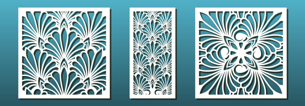 Laser cut pamels template, vector set. Abstract geometric pattern. Stencils, die for metal cutting, paper art, fretwork, wood carving, card background, wall panel design.