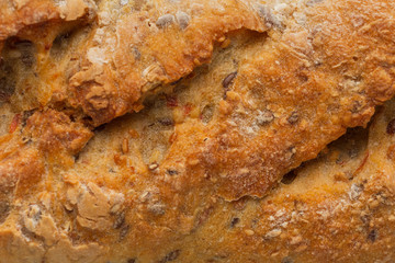 Close-up of bread crust with seeds