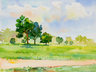 Watercolor landscape painting panorama colorful of natural beauty.