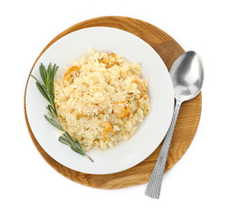 Delicious chicken risotto isolated on white, top view