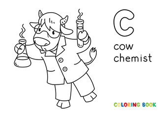 Cow chemist ABC coloring book. Alphabet C