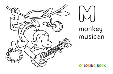 Monkey musician ABC coloring book. Alphabet M