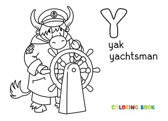 Yak yachtsman ABC coloring book. Alphabet Y