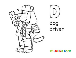 Dog driver ABC coloring book. Alphabet D