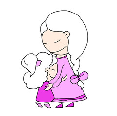 Happy Mother's day. 8 March. Black and white cute cartoon hand drawing family isolated on white background. Vector illustration. Can be used for t-shirt print, fashion design, poster invitation card.