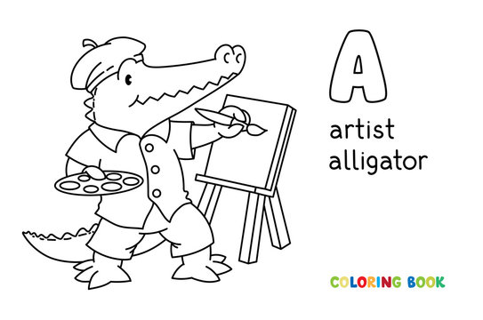 Alligator artist coloring book. Animal Alphabet A
