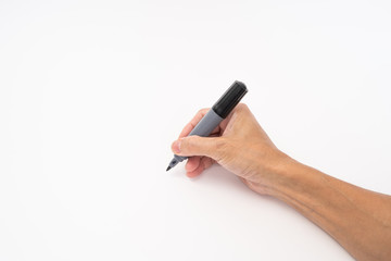 Man hand holding black magic marker writing on white background