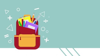 Cute animation of book, notebook, ruler, pencils and crayons in red backpack have wiggle on blue background with your copy space. Back to school concept for video cartoon footage. - Powered by Adobe