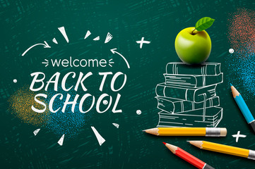 Welcome Back to School web banner, apple, pencils, doodle on chalkboard background, vector illustration.