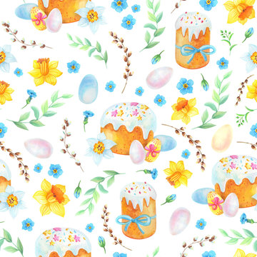 Easter seamless pattern.Spring flowers,eggs,cake. Watercolor holiday illustration with chicken,willow,Narcissus, © lyubovyaya