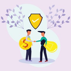 Two confident young men shook hands in the office holding coins and lights, full of ideas and increased income. Business concept. Modern flat illustration.