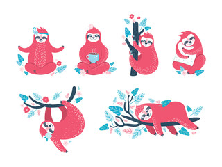 Funny sloths in different poses. Set of lazy exotic animals that sleep, doze, rest on a branch of a tropical tree, meditate and drink coffee. Cute cartoon character in different movements. Hand drawn.