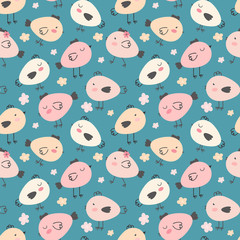 Fototapeta premium Seamless pattern of cute cartoon Easter chickens in various poses on a green background. Easter spring background. Funny birds for children s decoration. Design textiles, fabric, packaging. Hand drawn