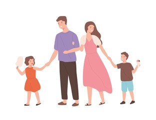 Happy cartoon family walking enjoying weekend isolated on white. Smiling mother, father, daughter and son holding hands vector flat illustration. Young joyful people spending time together