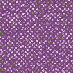 Simple naive floral shapes seamless vector purple and green ditsy pattern. Girly summertime surface print design. Great for fabrics, stationery and packaging.