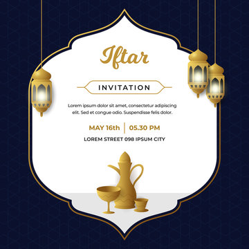 Iftar Invitation Flyer Simple Minimal Poster Template Design With Islamic Traditional Lantern Lamp And Classic Arabic Teapot Vector Illustration